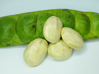 Fresh Green Parkia Speciosa or Bitter Bean with Pod and Seeds on White Background – Close-Up of...