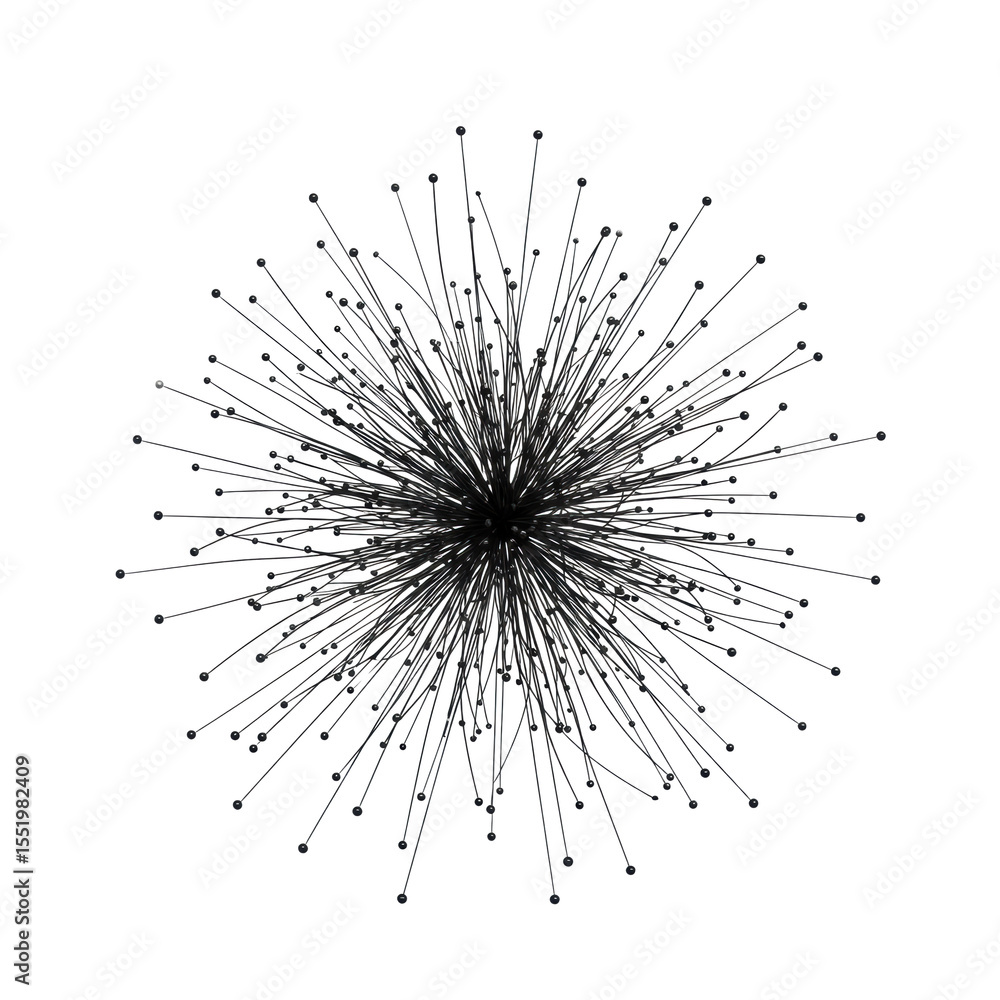 Poster abstract minimalist visualization of numerous extremely thin black lines radiating from a central po
