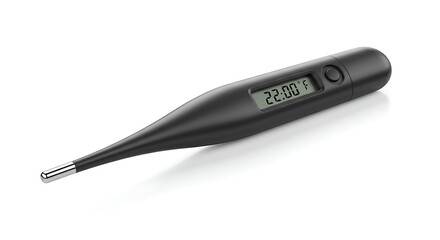 Digital thermometer, medical device, healthcare, temperature measurement, digital display, black thermometer, medical equipment, health check, fever, illness, body temperature, clinical thermometer.