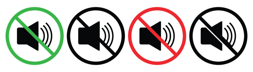 No Sound and Mute Icons Vector Set – Volume On, Off, Allowed, and Prohibited Symbols in Line Style, vector illustration.