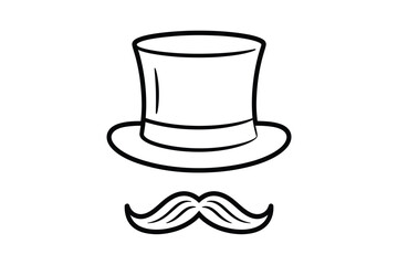 Cartoon Top Hat and Mustache Outline on White Background