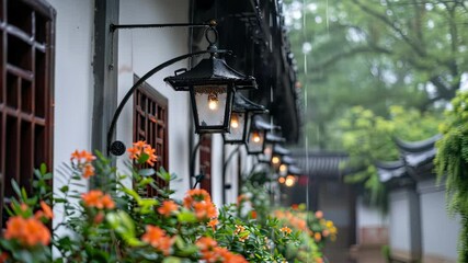 Bright orange flowers and glowing lanterns create a serene atmosphere amidst gentle rain in a peaceful garden environment - Powered by Adobe