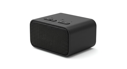 A sleek, contemporary black speaker sits centered, with minimalist buttons and a mesh front. A modern and clear design perfect for a variety of listening environments.