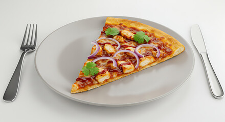 A slice of barbecue chicken pizza with BBQ sauce, grilled chicken, red onions, and cilantro. Presented on a matte white plate with a modern fork and knife set, isolated on a clean white background 