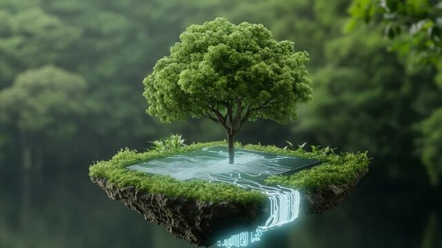 Floating Ecosystem: A surreal depiction of a vibrant, floating island teeming with life, where a flourishing tree takes root, cascading waterfalls flow, and a serene pond.