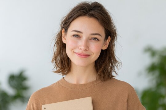 smiling teen girl holding gratitude journal in bright room