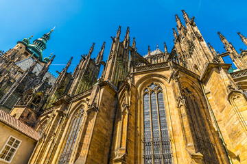 A view showing the decoration on the side of the Saint Vitus Cathedral in the castle complex in...