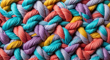 Colorful yarn ropes twisted together in a tight pattern 
