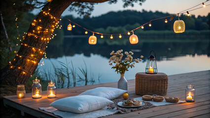 Romantic evening scene by the lake with string lights and candles