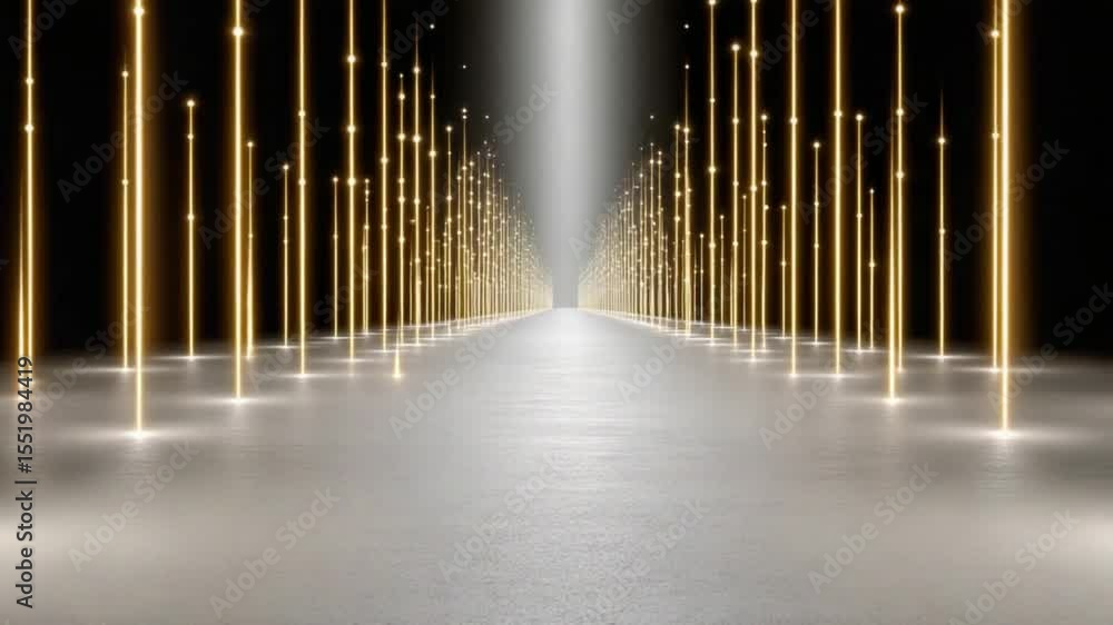 Poster Illuminated Path: A futuristic perspective showcasing a long corridor illuminated by vertical golden lights, creating a sense of depth and forward momentum.