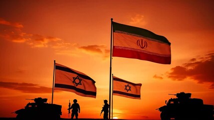 Tension at Sunset: Military Presence and National Flags Depicting Potential Conflict - Powered by Adobe