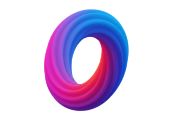 Abstract 3D rendered twisted fluid ribbon shape with hot pink, magenta, blue, reddish-orange gradient, clear contours, on clean plain white background with copy space, soft lighting, no shadows, high