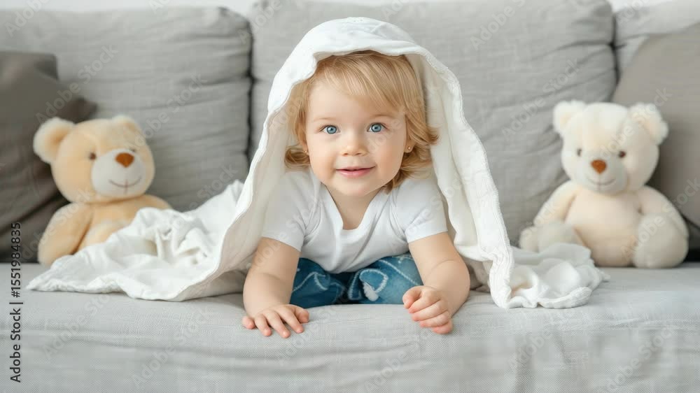 Poster Smiling toddler cuddles under a soft blanket, surrounded by plush teddy bears while sitting on a cozy couch in a cheerful setting