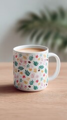 White Coffee Mug with Delicate Floral Pixel Art Pattern on Wooden Table
