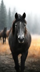 Obraz premium Wild black horse walking toward the camera in a foggy meadow surrounded by trees in the early morning light