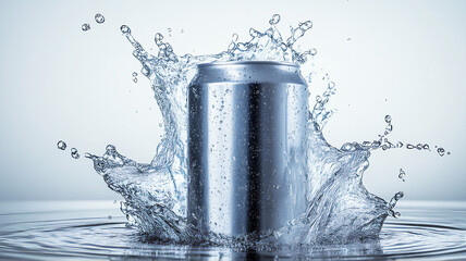 Refreshing Aluminum Can Splashing in Crystal Clear Water: Cool, Clean Beverage Stock Photo
