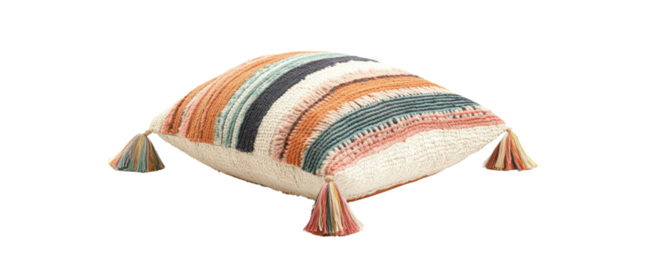 a boho woven throw pillow, home decor element, multicolor threads and tassels, medium size, side view, isolated on white background