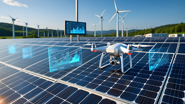 Drone inspects solar panels near wind turbines with data overlays