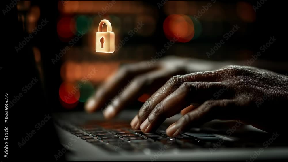 Poster close-up of hands typing on a laptop in a dim environment focused on online security and digital pri