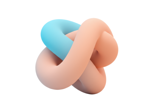 An abstract, soft, fluid, volumetric 3D rendered form, a twisted tube with blue, cyan to orange, peach gradient, isolated on a transparent background, minimalist studio, concept of abstract art and