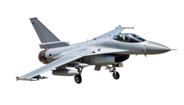 A sleek grey fighter jet in flight with its landing gear down