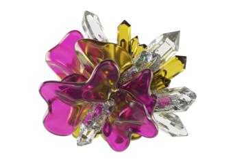 Abstract digital artwork with flowing iridescent magenta, deep purple, golden yellow, olive green shapes dynamically intermingling with crystalline silver, white forms, isolated against a transparent