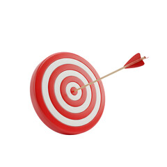 A red and white circular archery target with a single arrow hitting the bullseye, symbolizing success, precision, goals, business achievement, and marketing accuracy, isolated on white background.