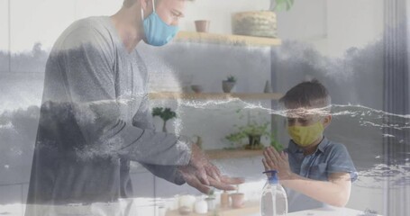 Father guiding son pressing sanitizer pump, rubbing hands for hygiene with animated germ icons