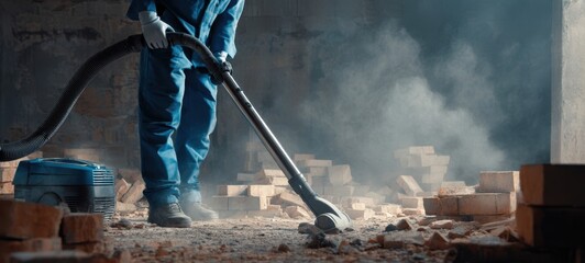 The industrial worker using a vacuum in a dusty construction site.
