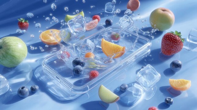 Ultra-realistic mobile phone display featuring floating fruits and water droplets in a vibrant, colorful arrangement against a gray background