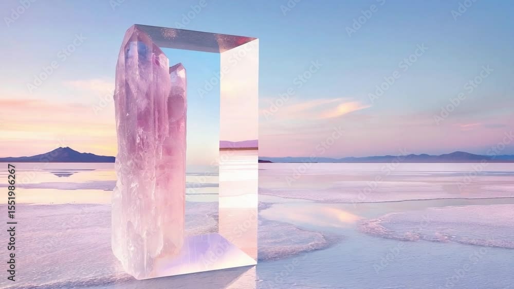 Poster crystal gateway to serenity: a captivating composition featuring a translucent crystal formation tha