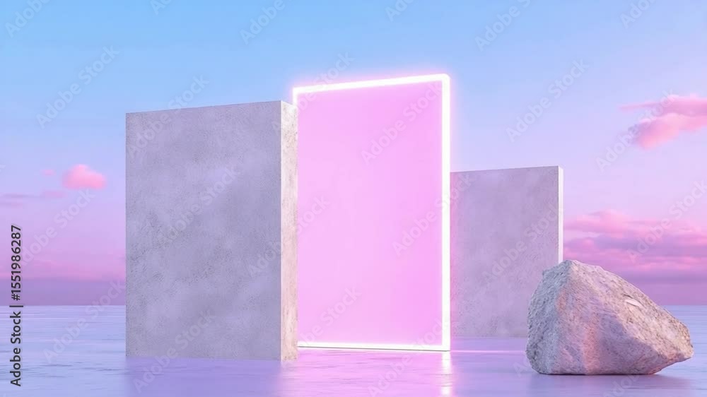 Poster Neon Glow Frame: A glowing rectangular frame set against a backdrop of stone and a soft, pastel sky, this image evokes a sense of modern minimalism and subtle elegance.