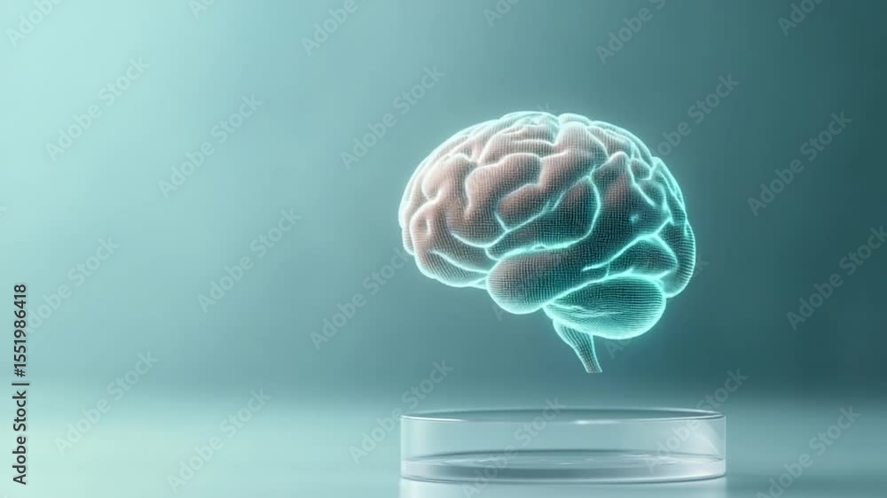 Poster brain's essence: a luminous, holographic rendition of the human brain levitates above a minimalist s