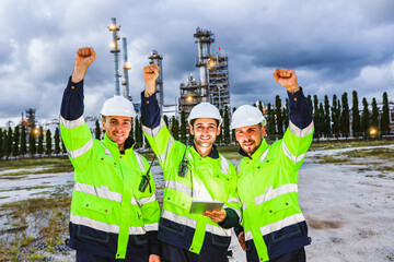 Teamwork we are glad that today's work was successful : Safety engineers raised their fists working...