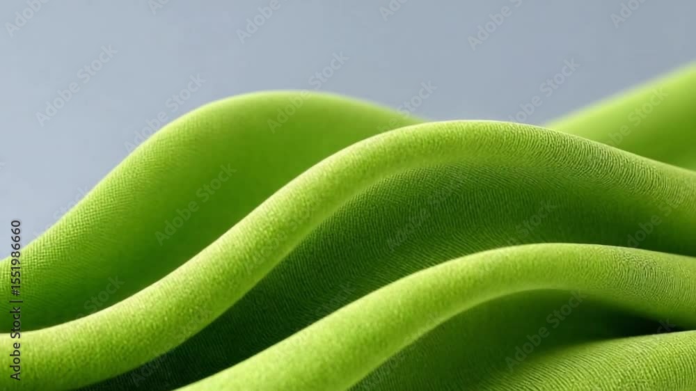 Poster Lime Green Fabric Drape: Abstract image of a lime green fabric, softly draped and flowing, creating a smooth, elegant curve. The texture is soft and luxurious, suggestive of comfort and calmness.