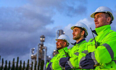 Side view team of electrical engineers stands in line with arms crossed, determined to inspect an oil and gas refinery :  Select focus  © ฺฺฺBoonterm