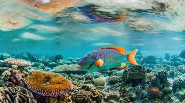 A vibrant parrotfish gracefully swimming amidst a colorful coral reef
