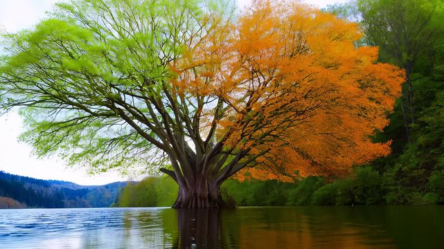 Vibrant tree with half green and half orange foliage, standing in calm lake water with reflections, against a serene natural landscape. Concept of changing seasons and nature's beauty