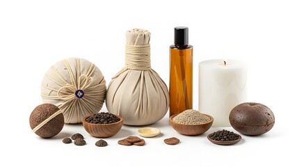 Spa Still Life with Herbal Compress, Candle and Oil