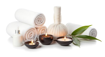 Spa Still Life with Towels Candles and Herbal Compress for Relaxation