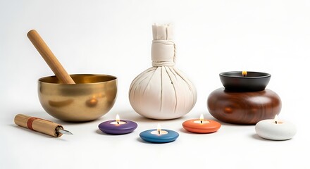 Spa Still Life with Singing Bowl Candles and Herbal Compress on White