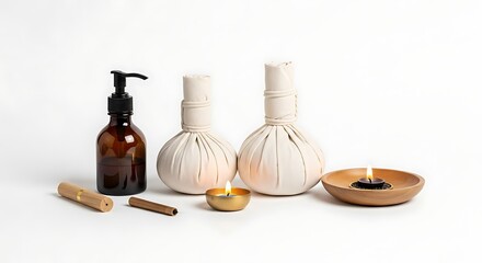 Spa Treatment Still Life with Candles and Herbal Pouches
