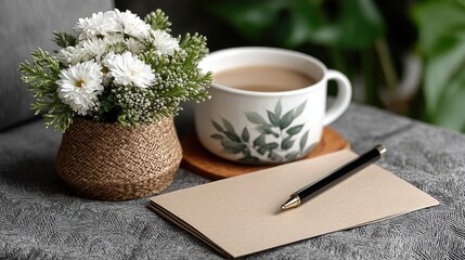 White Flowers and Coffee Cup Beside Letter and Pen on Grey Fabric