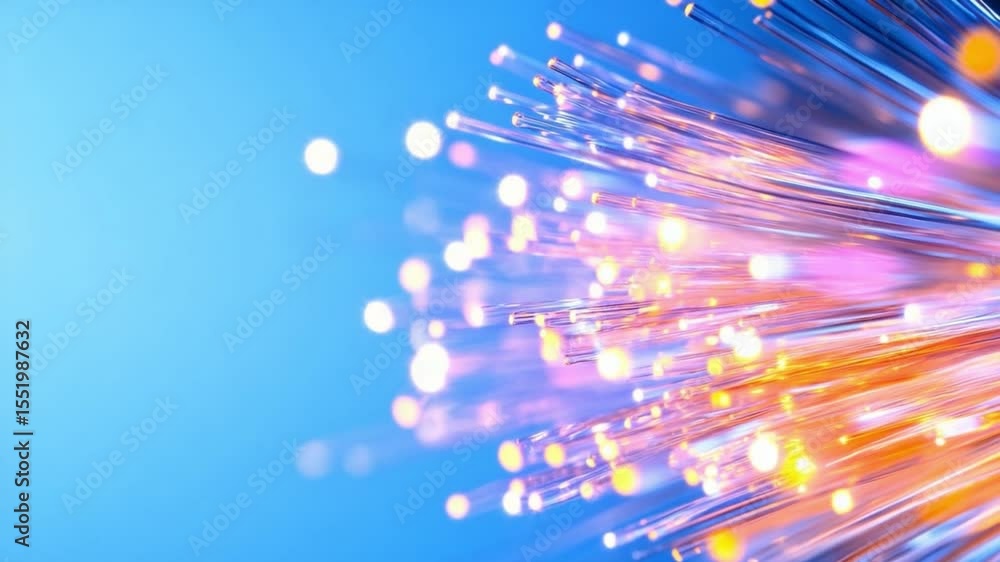 Poster digital fiber optics: a close-up view of a network of luminous fiber optic cables, representing high