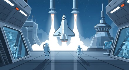 Spacecraft Launching with Astronauts Watching From Station