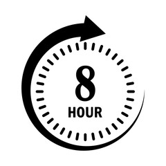 Black eight-hour clock icon with circular arrow and dash marks