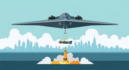 Stealth Bomber Plane Dropping Bomb Over City Illustration