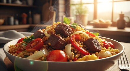 Steaming Beef and Barley Salad with Vegetables Close Up