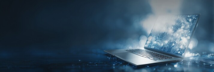 Professional banner showcasing a modern, tech-inspired workspace. A sleek laptop open with digital circuit patterns subtly glowing around it