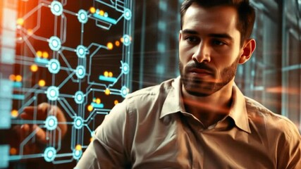 futuristic network showing human touch activating digital nodes, data links. Human finger touches the glowing center of the digital interface. 4k video - Powered by Adobe